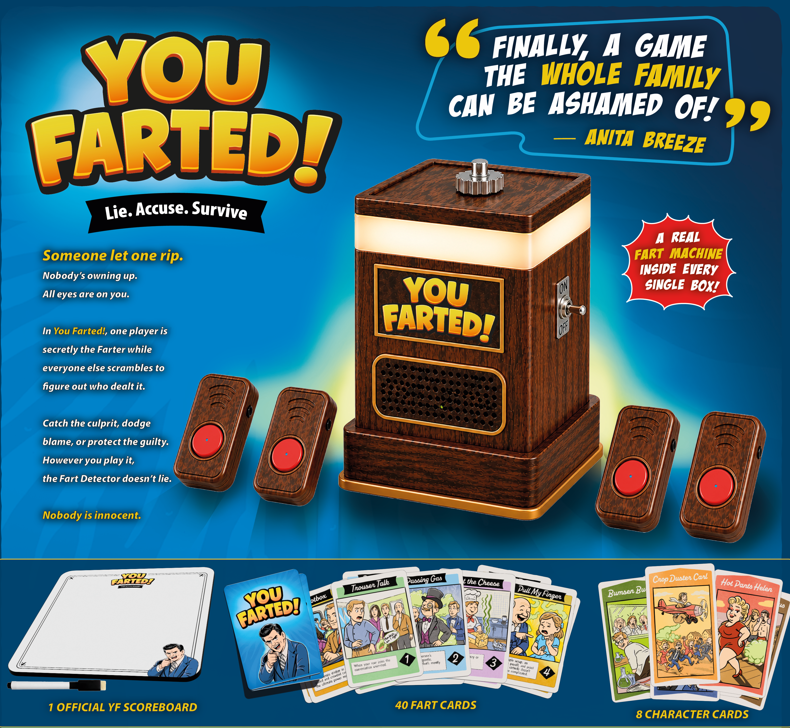 You Farted! game components including fart detector, remotes, cards, and scoreboard